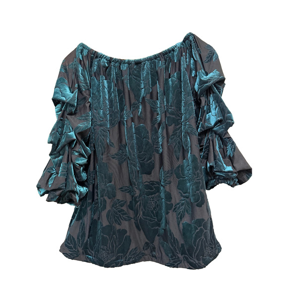 MSK Velvet Burnout Top Whimsy Goth Witchy Women's large Teal Black Marie Sleeve - Picture 2 of 10